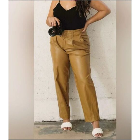 492 A New Day Women’s Faux Leather Cropped Pants | Tan Vegan Leather Trousers - Picture 1 of 3